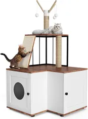 【送料無料】多機能収納付き猫用大型木製ケージ 爪とぎポスト おもちゃボール 広々遊び場 室内大型犬対応 隠せるトイレ収納一体型ペット