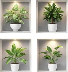 【期間限定】KITAX ウォールステッカー だまし絵 3D 立体 30x30cm 4枚セット 観葉植物 インテリア 緑 グリーン (