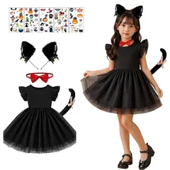 【新品】 ネコ ハロウィン 黒猫 コスプレ 子供 女の子 仮装 変装 コスチューム 5 点セット（ ワンピース+猫耳ヘッ アウトレット