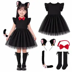 【期間限定】【新品】 [Ribbonette] 黒猫 コスプレ 子供 女の子 ハロウィン仮装 5点セット ワンピース 鈴付き猫耳 し