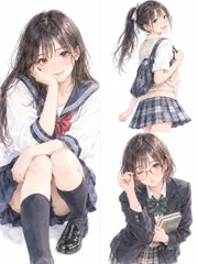 A1サイズ c1739 黒髪の制服姿を描いた淡色水彩イラスト 白背景 三面構成 インテリア向けアートプリント セール