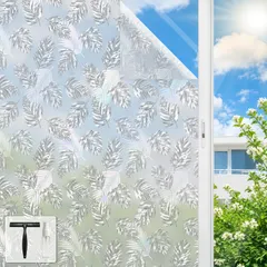 【激安】PROTEALL 窓用フィルム パームリーフ柄 すりガラス調 窓ガラス用目隠しフィルム UVカット 静電吸着 飛散防止 