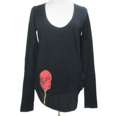 ヘルムートラング HELMUT LANG 薔薇柄 長袖 カットソー プリント アシンメトリー カットオフ Uネック P/S 黒 ブラック X