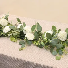 中古 【5.9インチ】人工ユーカリのつる 金貨の葉 白バラ付き フェイクグリーン 季節の装飾 偽植物 クリスマス ハロウィン  即納