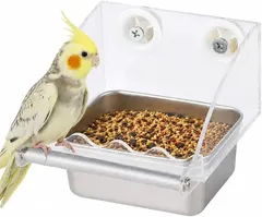 【送料無料】Anychien 飛び散りにくい鳥餌入れバードフィーダー ケージ固定式 ステンレスボウル 透明アクリル インコ (透明)
