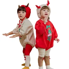 【新品】 [VNGOLERRY] クリスマス ベビー ロンパース サンタ コスチューム 帽子付き 裏起毛 長袖 トナカイ 送料無料
