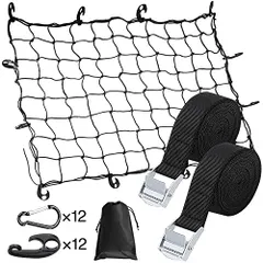 中古 K◆ETLIFE カーゴネット 車 荷締めベルト 付き(2.5m × 2本) フック×12 カラビナ×12 収納ポーチ付 即納