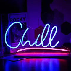 中古 chillネオンサイン青 ピンク LEDライト ウォールサイン chill USB 調光可能ネオンライト 文字 ネオンサ 即納