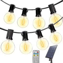 ソーラーストリングライト防雨型ガーデンライト 15M 電球色 25+2個 G40電球E12口金 リモコン付き 室内屋外照 新着