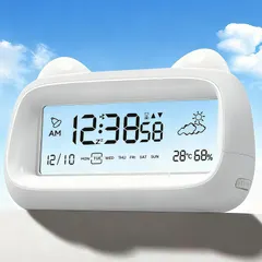 中古 目覚まし時計 デジタル時計 かわいい猫形 電池式 おしゃれ 置き時計 可愛いねこ 温度湿度表示 カレンダー 日付 曜日  即納
