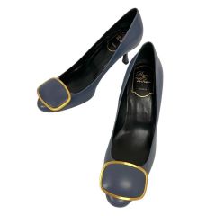 ロジェヴィヴィエ ROGER VIVIER パンプス ラウンドトゥ バックル ピンヒール 35.5 紺 ネイビー