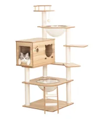 中古 キャットタワー 木製 据え置き ＼隠れ家補強／ 大型猫 おしゃれ 多頭飼い 見晴台 スリム 猫タワー 木目 宇宙船 大型 即納