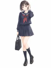【激安】A4サイズ c1741 紺色のセーラー服と短い黒髪の人物 白背景に映える透明水彩調ポートレート アートプリント インテリ