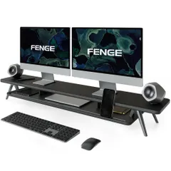 【即納】Fenge デスクシェルフ モニター台 卓上 120cm横幅 アルミニウム製脚 木製天板 2段 デスク周り収納 整理整頓