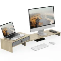 【送料無料】Fenge モニター台 机上台 パソコン台 モニタースタンド 横幅78.3-113cm 木製天板 引き出し卓上 収納 オ