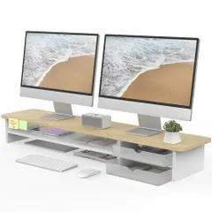 【送料無料】Fenge モニター台 卓上 パソコン台 2段 108cm 木製 アクリル製引き出し ディスプレイ台 机上ラック pc台