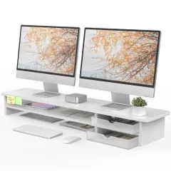 Fenge モニター台 卓上 パソコン台 2 段 108cm 木製 アクリル製引き出し ディスプレイ台 机上ラック pc｜在庫あり