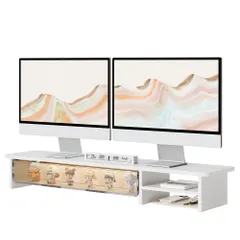 【送料無料】Fenge デスクシェルフ モニター台 卓上 幅108cm テープライト付き アクリル製引き出し 2段 卓上収納 木製 