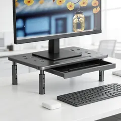 【期間限定】YUYUTORIモニター台 卓上PCスタンド 机上台 金属 引き出し付き 3段階調節10.5-14.5cm 卓上/文具収