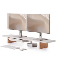 中古 Fenge デスクシェルフ モニター台 卓上 108cm パソコン台 机上台 ホワイト&オーク 即納