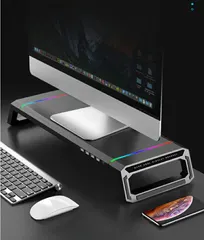 中古 モニター台 机上台 PCスタンド ホワイト モニタースタンド 2段 引き出し LED RGB 収納ケース USB 付 キ 即納