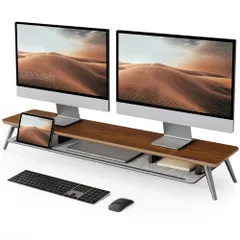 Fenge モニター台 卓上 デスクシェルフ パソコン台 机上台 pc台 108cm横幅 2段 木製天板 アルミニウム製 送料無料