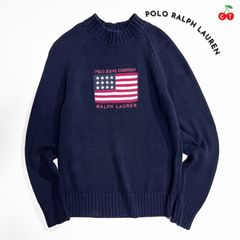 cP67 POLO JEANS RALPH LAUREN ニット 厚手 長袖 星条旗 フラッグ柄 アメリカ国旗 モックネック プルオーバー ウール セーター ネイビー 紺 ポロジーンズ ラルフローレン