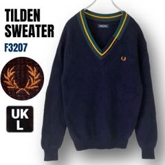 フレッドペリー FRED PERRYウールチルデンセーターネイビーアシンメトリーライン畦編み/リブニットUKメンズL #2610O065