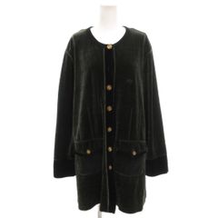 ソニアリキエル SONIA RYKIEL カーディガン L 深緑色 ディープグリーン ベロア 無地 ラウンドネック 長袖 ボタン ポケット SC ■ECD009