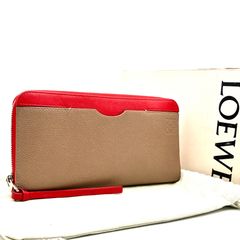 ほぼ未使用 ロエベ LOEWE 長財布 ラウンドジップ ラウンドファスナー アナグラム レザー グレージュ レッド 赤 バイカラー 配色 新調 クリスマス 冬のボーナス 成人式 バレンタイン ギフト
