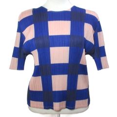 プリーツプリーズ PLEATS PLEASE イッセイミヤケ 近年 ブロックチェック プリーツ 半袖 カットソー トップス プルオーバー 3 L相当 ブルー ピンク PP01-JK541 /X
