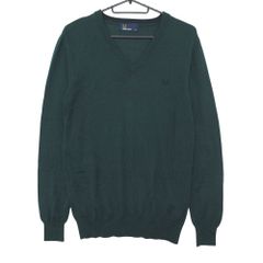 FRED PERRY フレッドペリー ニット TIPPED V NECK SWEATER ウール ロゴ 刺繍 Vネック 薄手 セーター プルオーバー トップス 長袖 グリーン 10【M】 レディース 【中古】