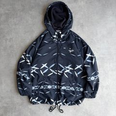 90s Reebok リーボック 総柄 ナイロンジャケット ポルトガル製 Tactel タクテル 幾何学柄 フリースライニング フード付き ジップアップ 裾ドローコード ブルゾン ヴィンテージ 古着 80s