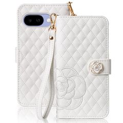 SZJAMIE 手帳型ケース 用の Google Pixel 9a ケース 薔薇と山茶花刺繍 ピクセル9aカバー 手帳型 花柄 おしゃれ 可愛い 女性向け 手触り柔らかい 耐衝撃 スタンド カード収納 財布型 全面保護 ストラップホール＆ハンドストラップ付 0