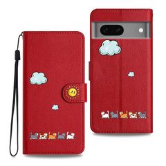 対応 Google Pixel 7 手帳型ケース 猫柄 かわいい カード収納 マグネット付き スマホカバー - 赤 0