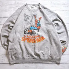 【アメコミデザイン】MARVEL SWEATSHIRT マーベル グレー スパイダーマン アメイジングスパイダーマン コミックプリント 袖ワンポイント クルーネックスウェット 古着 #26549