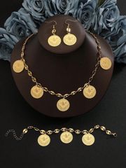 ジュエリー レディース セット 4点セット、アラビア人気のお金コイン中東トーテムジュエリーセット、ネックレス1個、ピアス1ペア、ブレスレット1個、女性の日常使い アクセサリー