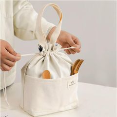 【特価商品】アウトドアキャンプピクニックバッグなどに 防水 男女兼用 耐久性 断熱アルミ箔ライニング 厚手麻綿素材 ランチバッグ お弁当袋 ランチバッグ 保温 保冷 大容量 (キャンバスホワイト) 巾着バッグ お弁当 保冷バッグ
