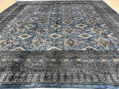 パキスタン産 絨毯 ウール 手織り ブルーグレー 幾何学模様 大判ラグ 205×210cm {4247-120}