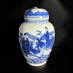 大清康熙年製 中国磁器 染付 蓋付き壺 青花人物文図 花入れ 花器 丸壺 陶器 中国 古美術 骨董品 アンティーク