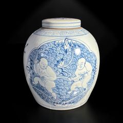 中国磁器 染付 蓋付き壺 青花人物文図 花入れ 花器 丸壺 陶器 中国 古美術 骨董品 アンティーク
