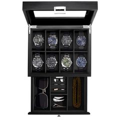 ProCase 腕時計ケース 8本 2段式 木製 透明窓付き 引き出し付き ウォッチボックス ジュエリー収納 ディスプレイ - ブラック 50mm対応, 天然木製, 起毛ライニング, メンズレディース兼用, アクセサリー収納, ギフトに b7b5fdc6