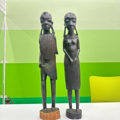 錦 アフリカ タンザニア マサイ族 木彫り 彫刻 男女ペア 黒檀 オブジェ インテリア 大 縦約76cm 1461IO J24