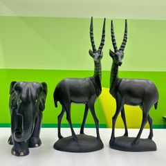 錦 アフリカ民芸品 トムソンガゼル アンテロープ 象 アフリカ 黒檀 木彫り 3体 1466IO J24