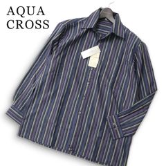 【新品 未使用】 AQUA CROSS アクアクロス 通年★ 長袖 日本製生地 ストライプ シャツ Sz.L メンズのサムネイル