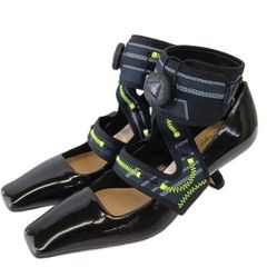 クリスチャンディオール Christian Dior × ロジェヴィヴィエ ROGER VIVIER 22AW Dior 62-22 パンプス エナメル スクエアトゥ アンクルストラップ 37 24cm 黒 ブラック ネオンイエロー /XZ ■GY19