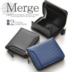 短財布 コンパクト財布 ミニ財布 牛革 カーボン加工 Merge マージ 2カラー ブラック ネイビー ラウンドファスナー ミニウォレット コインケース ボックス型 小銭入れ カード 撥水 メンズ コンパクト 薄型 送料無料