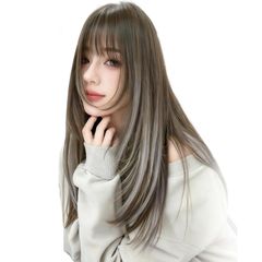 PEACOCO ウィッグ ミディアム ストレート セミロング 自然 カツラ フルウィッグ レイヤー レディース かつら 女性 小顔 可愛い ぱっつん ネット付き ブラックブラウン&白茶グレー
