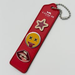 COACH 코치 가죽 태그 가방 매력 키 체인 별 스마일 핀 배지 레드 레드 Leather Tag Bag Charm Keychain 레드