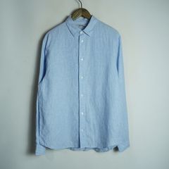 COS コス CURVED-HEM LINEN SHIRT リラックスフィット カーブヘム ストライプ リネン 長袖 シャツ 青白 サイズS 7261Q4